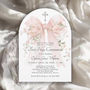 Girl's First Holy Communion Pink Floral Bow Invitation