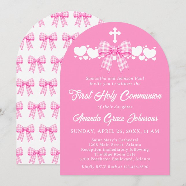 Girl's First Holy Communion Pink Gingham Bow Invitation (Front/Back)