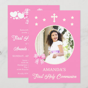 Girl's First Holy Communion Pink Gingham Bow Photo Invitation