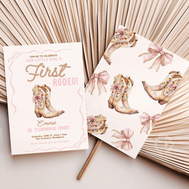 Girl's First Rodeo 1st Birthday Cowgirl Invite (first rodeo birthday invite, cowgirl 1st birthday party, pink bow rodeo invitation, western birthday)