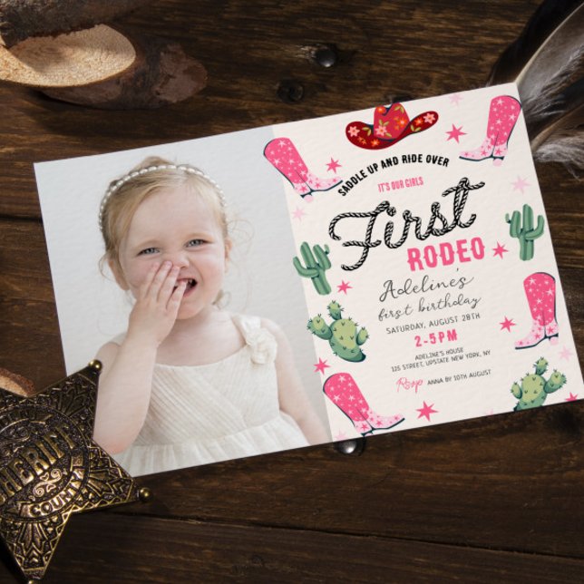 Girl's First Rodeo Photo Birthday Cowgirl Cute Invitation (Western Girl 1st Birthday Cowgirl Rodeo Printable or Digital Invitation Cute Pink )