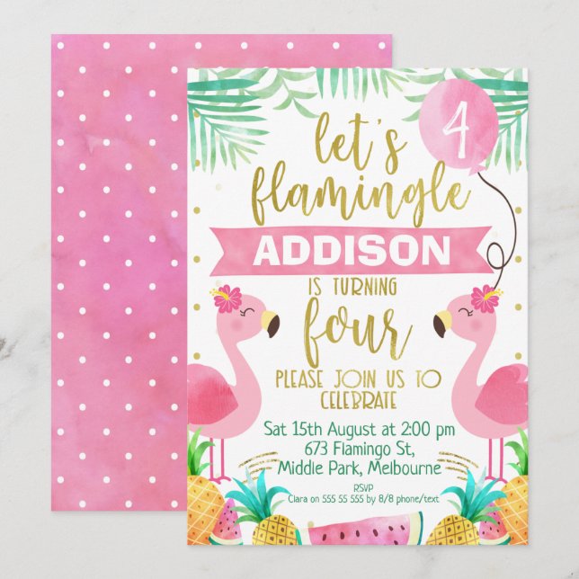 Girls flamingo fourth birthday invitation (Front/Back)