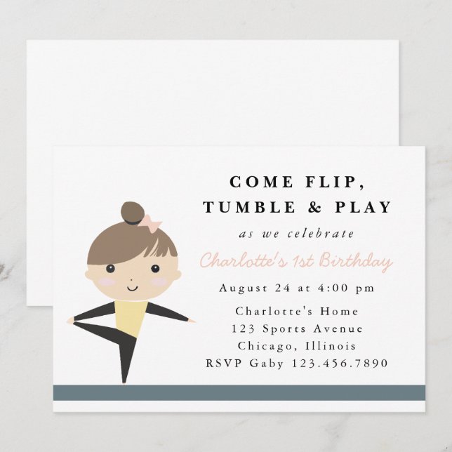 Girls Flip Tumble & Play Gymnastics Birthday Party Invitation (Front/Back)