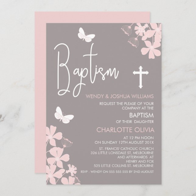 Girls Floral And Butterflies Baptism Invitation (Front/Back)