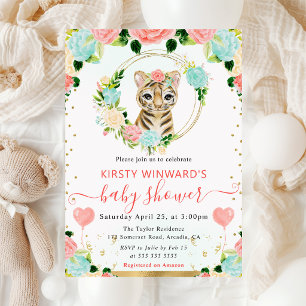 Girls Floral Baby Tiger Baby Shower Invitation