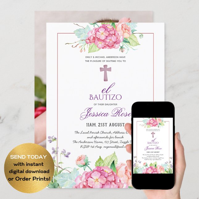 Girls Floral BAUTIZO Bautismo Pink Catholic Cross Invitation (Creator Uploaded)