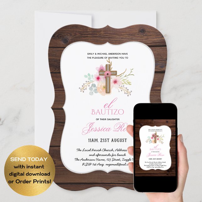 Girls Floral BAUTIZO Bautismo Pink Catholic Cross Invitation (Creator Uploaded)