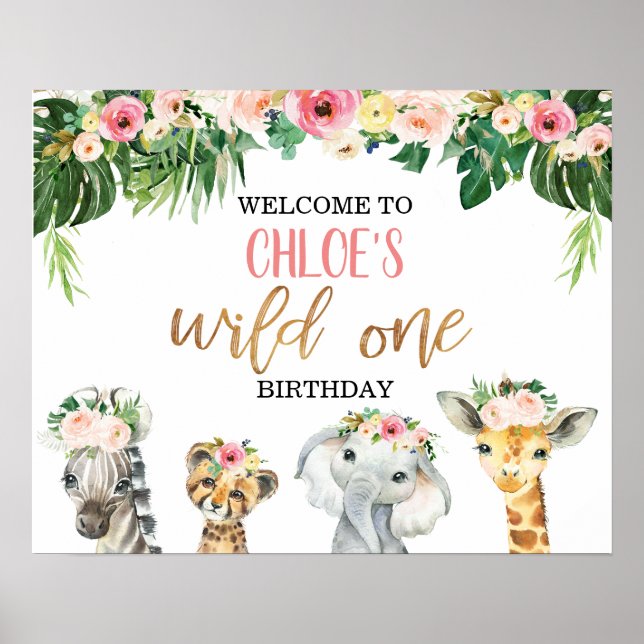 Girls Floral Foliage Safari Birthday Welcome Poster (Front)