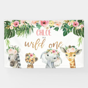 Girls Floral Foliage Safari Wild one Birthday Banner