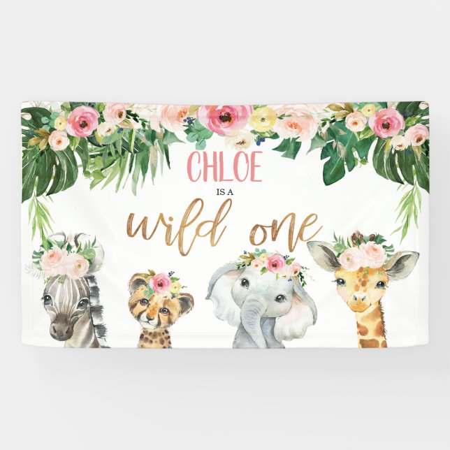 Girls Floral Foliage Safari Wild one Birthday  Banner (Horizontal)