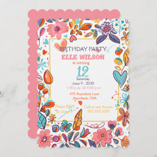 Girls Floral Frame 12th Birthday Party Invitation