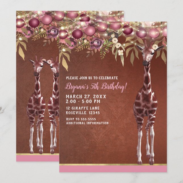 Girls Floral Giraffe Pink & Gold Birthday Party Invitation (Front/Back)