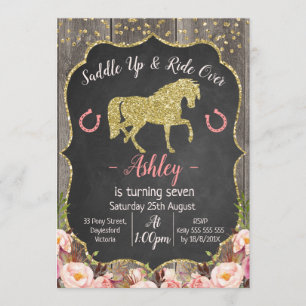 Girls Floral Glitter Horse Birthday Invitation