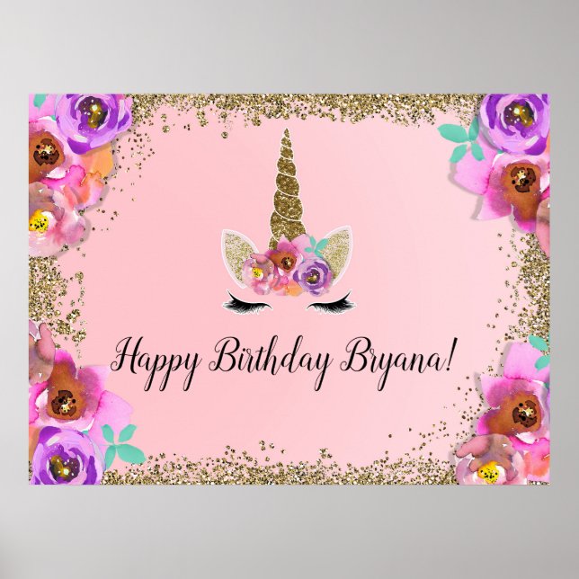 Girls Floral Gold Glitter Unicorn Birthday Banner Poster (Front)