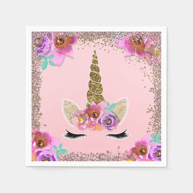 Girls Floral & Gold Glitter Unicorn Birthday Party Napkin (Front)