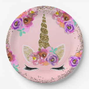 Girls Floral & Gold Glitter Unicorn Birthday Party Paper Plate