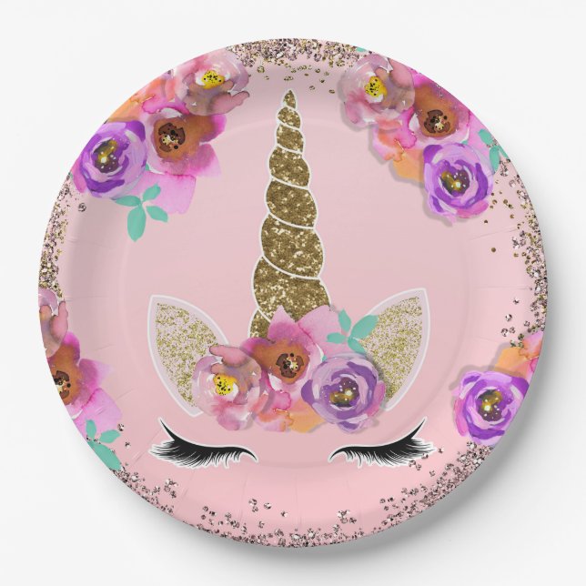 Girls Floral & Gold Glitter Unicorn Birthday Party Paper Plate (Front)