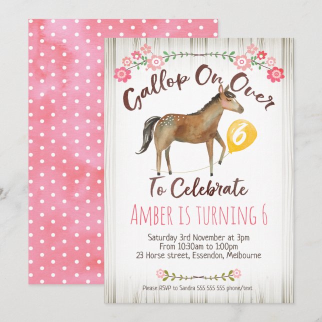 Girls Floral Horse Birthday Party Invitation (Front/Back)