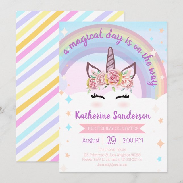 Girls Floral Magical Unicorn Face Rainbow Birthday Invitation (Front/Back)