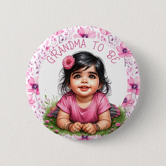 Girl's Floral Pink Baby Shower | Grandma to be 6 Cm Round Badge (Front)