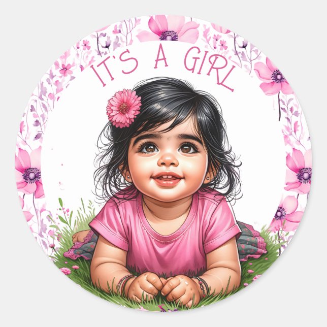 Girl's Floral Pink Baby Shower | It's a Girl Classic Round Sticker (Front)