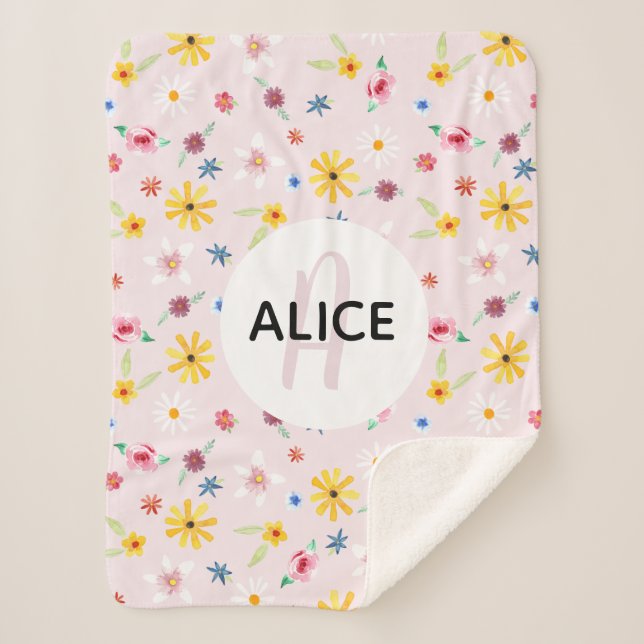 Girls Floral Pink Flower & Name Monogram Kids Sherpa Blanket (Front)