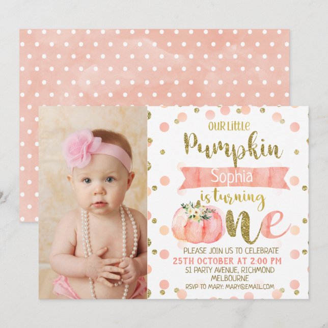 Girls Floral Pink Pumpkin 1st Birthday Invitation (Front/Back)