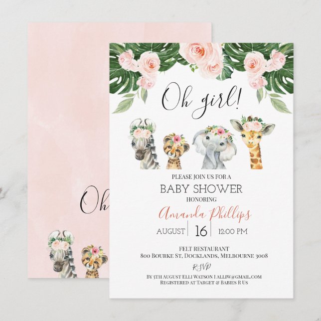 Girls Floral Safari Animals Baby Shower Invitation (Front/Back)