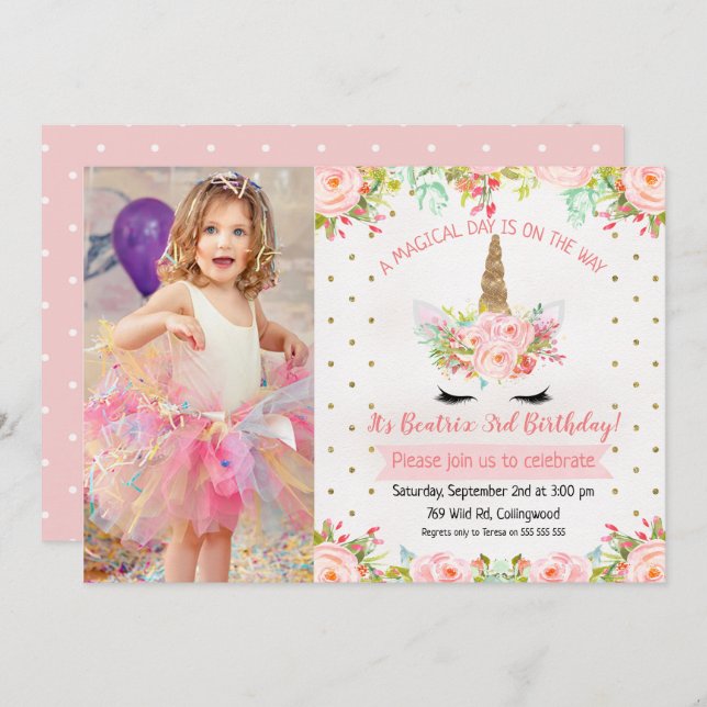 Girls Floral Unicorn Birthday Invitation (Front/Back)