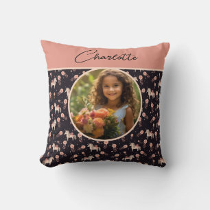 Girls Floral Unicorn Custom Photo with Name Cushion