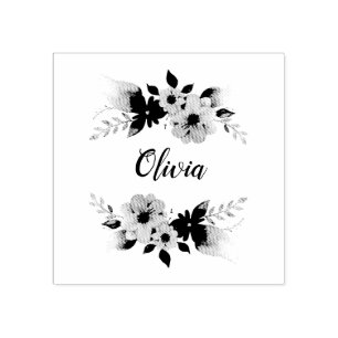 Girls Floral Watercolor Flowers and Name Bookplate Rubber Stamp