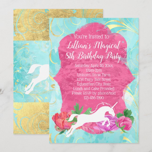 Girls Flower Unicorn Birthday Party Invitation (Front/Back)