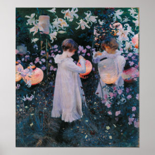 Girls Flowers Lanterns Classic Vintage Fine Art Poster