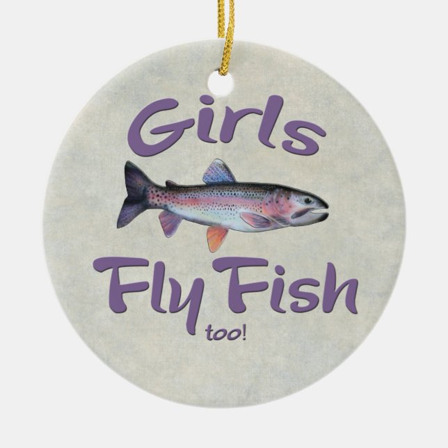 Girls Fly Fish too! Rainbow Trout Fly Fishing Ceramic Tree Decoration (Front)
