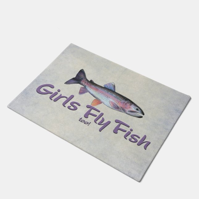 Girls Fly Fish too! Rainbow Trout Fly Fishing Doormat (Angled)