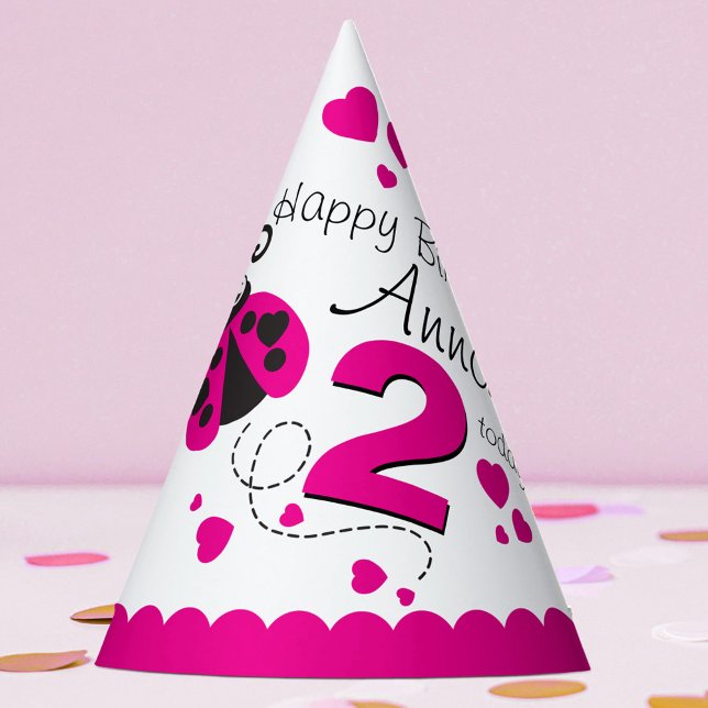 Girls flying heart ladybug pink name 2nd birthday  party hat (Creator Uploaded)