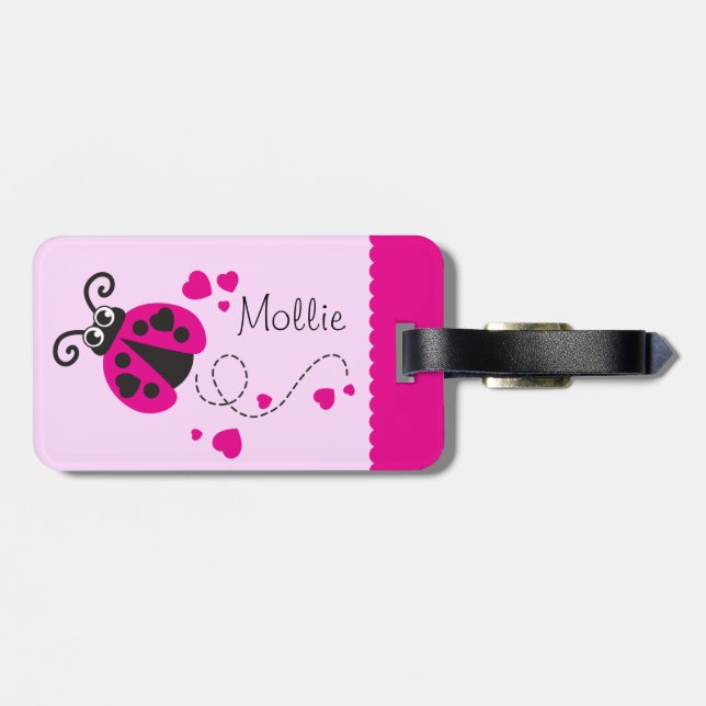 Girls flying heart ladybug pink named luggage tag (Back Horizontal)