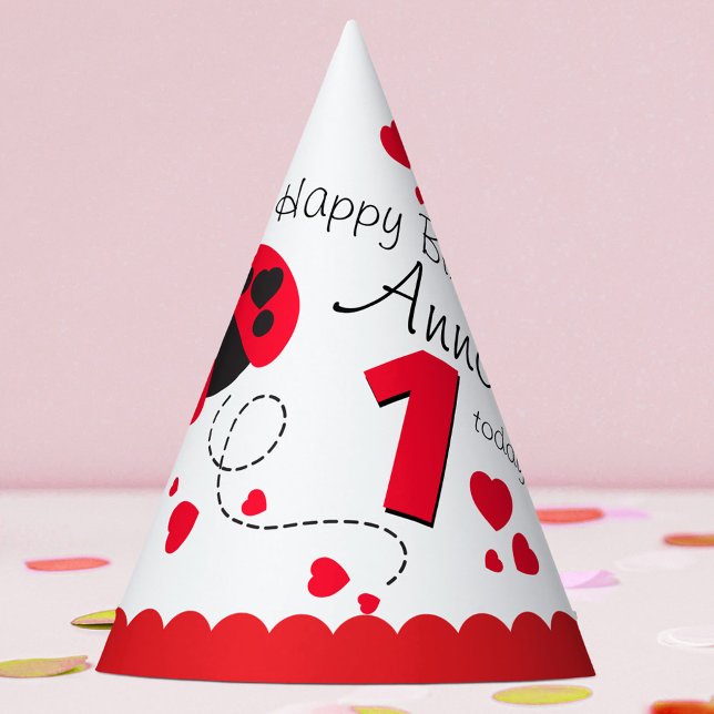 Girls flying heart ladybug red name 1st birthday party hat (Creator Uploaded)
