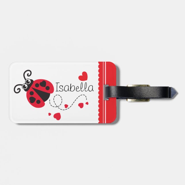 Girls flying heart ladybug red named luggage tag (Back Horizontal)