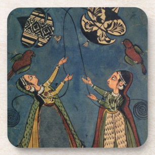Girls flying kites, Kulu folk painting, Himachal P Coaster