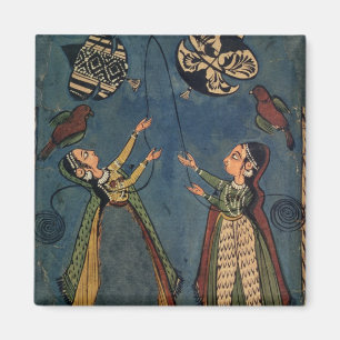 Girls flying kites, Kulu folk painting, Himachal P Magnet
