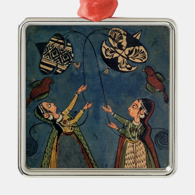 Girls flying kites, Kulu folk painting, Himachal P Metal Tree Decoration (Front)
