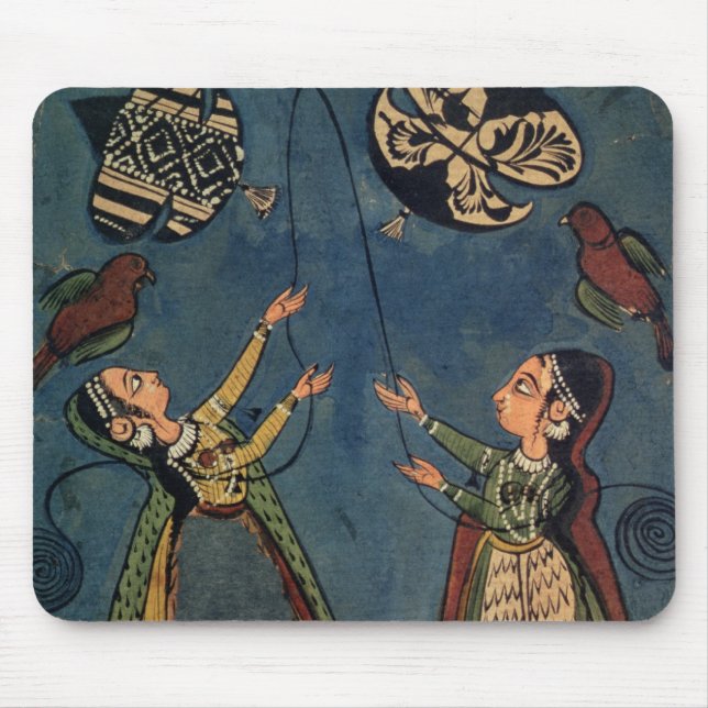 Girls flying kites, Kulu folk painting, Himachal P Mouse Pad (Front)