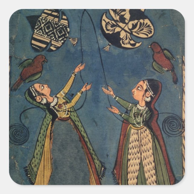 Girls flying kites, Kulu folk painting, Himachal P Square Sticker (Front)