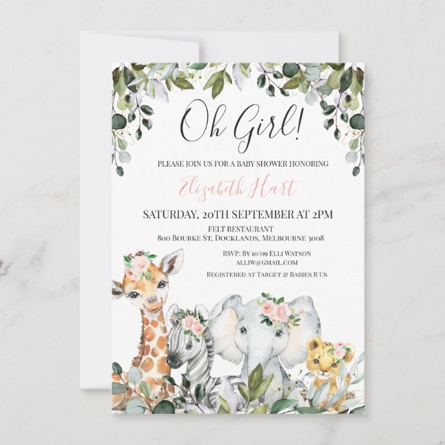 Girls Foliage Baby Safari Animals Baby Shower Invitation (Front)