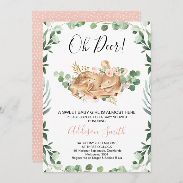 Girls Foliage Greenery Floral Deer Baby Shower Invitation (Front/Back)