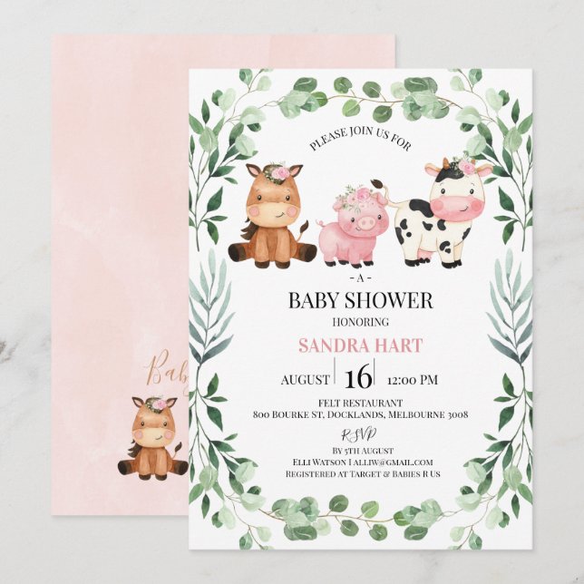 Girls Foliage Wreath Farm Animals Baby Shower Invitation (Front/Back)