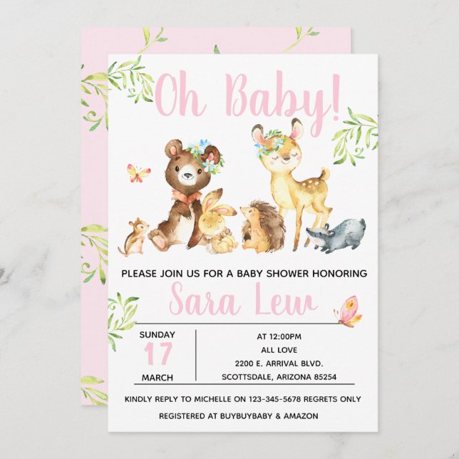 Girl's Forest Watercolor Baby Shower Invitation (Front/Back)