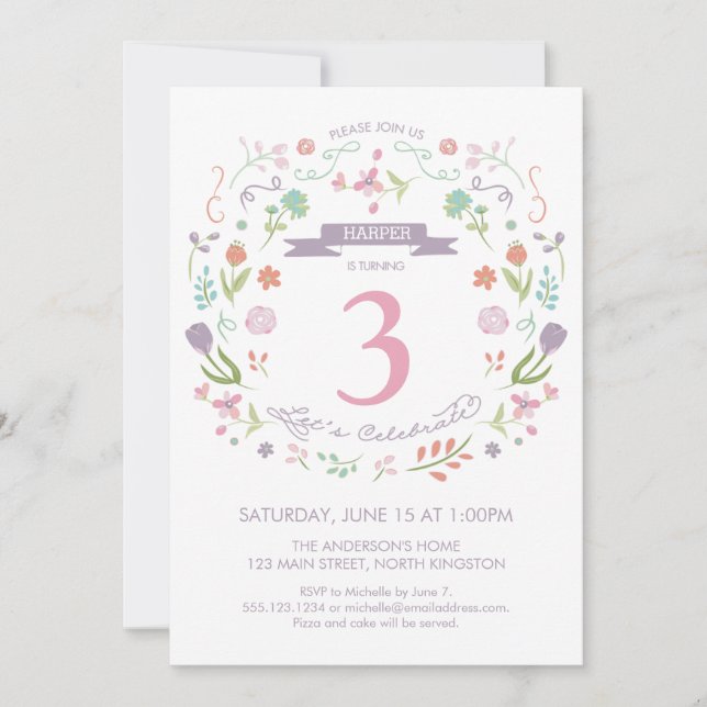 Girl's Fourth, 3rd, Birthday Invitation (Front)