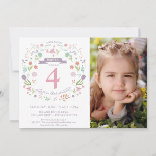 Girl's Fourth, 4th, Birthday Invitation w/ Photo